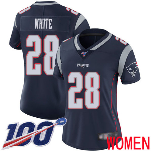 New England Patriots Football #28 100th Season Limited Navy Blue Women James White Home NFL Jersey